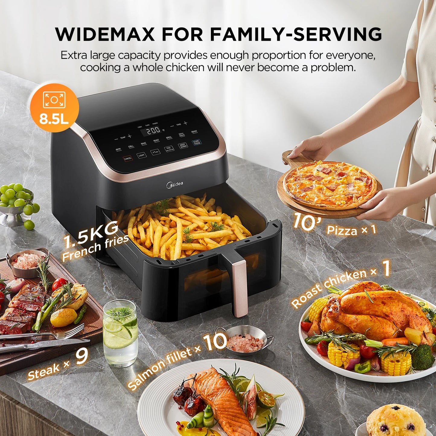 Midea XXL Air Fryer 9 L, 8-in-1, Extra Wide Chambers, Max 200 °C, Fryer without Oil, Grilling, Baking, Roasting, MAD85F9BPK