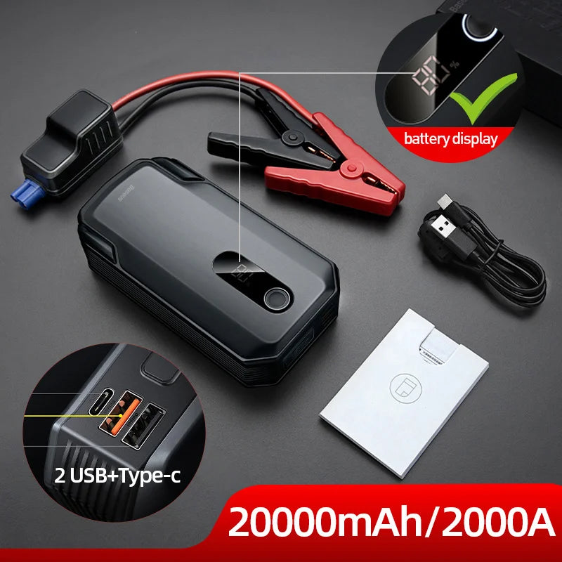 Baseus 20000mAh Car Jump Starter Power Bank 2000A 20000mAh Car Battery Charger Auto Emergency Booster Starting Device Jump Start