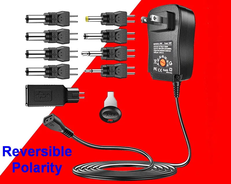 30W Universal Adjustable Power Adapter Charger AC To DC Plug 3V 4.5V 5V 6V 7.5V 9V 12V 2A 2.5A 2500mA Reverse polarity