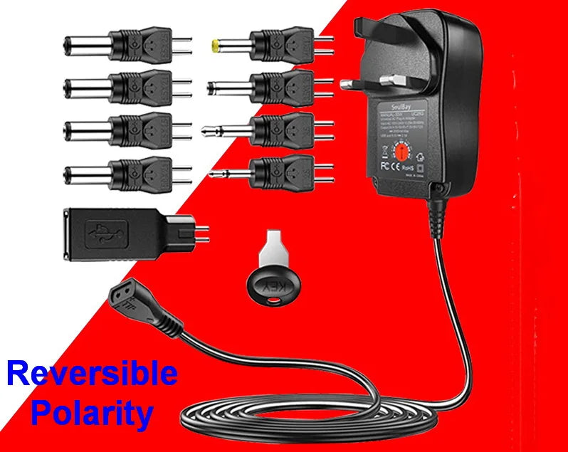 30W Universal Adjustable Power Adapter Charger AC To DC Plug 3V 4.5V 5V 6V 7.5V 9V 12V 2A 2.5A 2500mA Reverse polarity