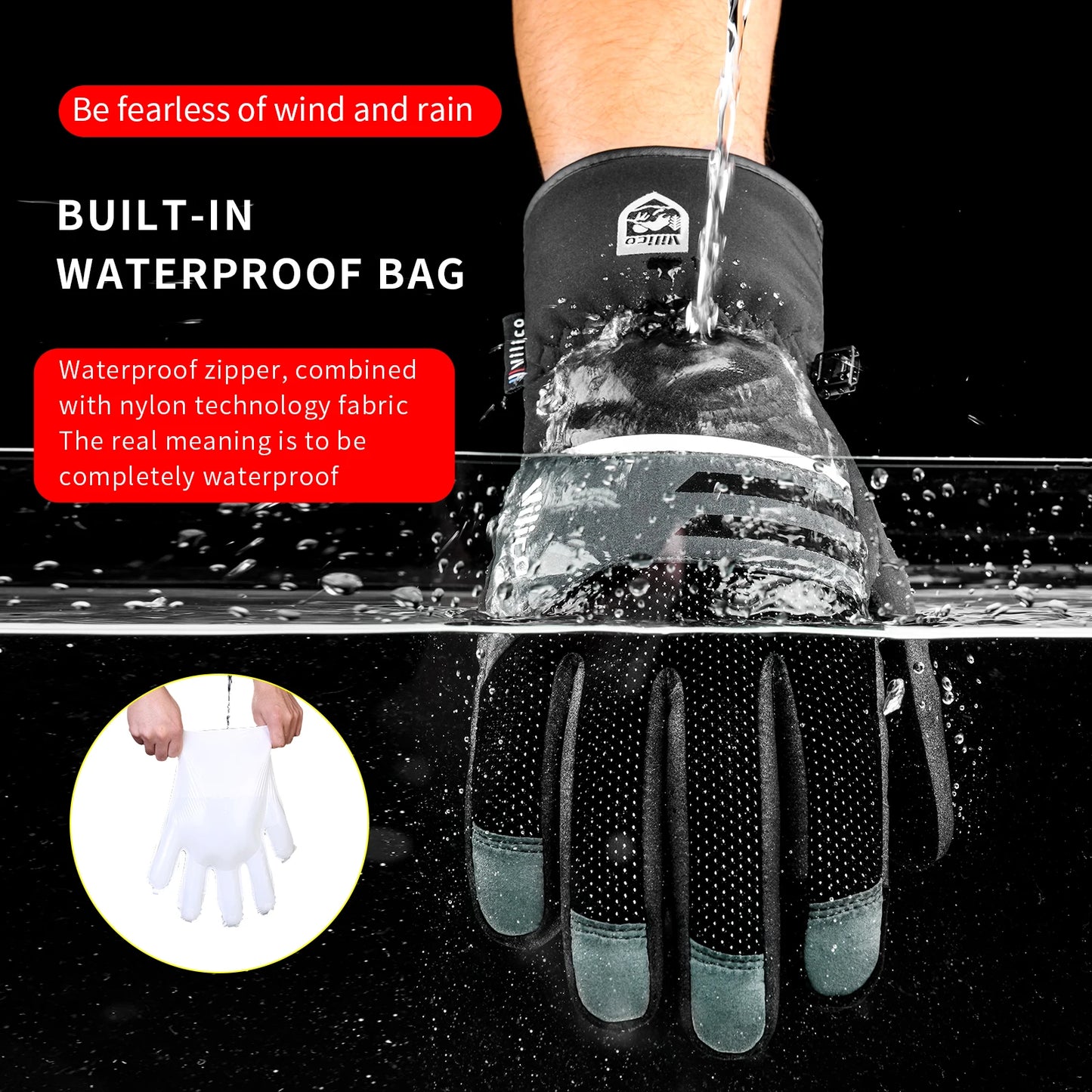 Black Winter Warm Full Waterproof Fingers Cycling Outdoor Sports Running Motorcycle Snowboard Touch Screen Fleece Skiing Gloves