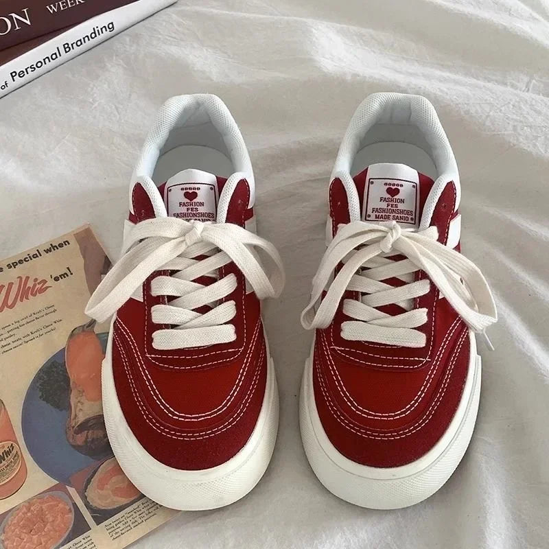 Autumn New Style Red Thick Sole Canvas Shoes Leisure Fashion Women's Shoes Simple Increase Height Lace Up Women's Shoes