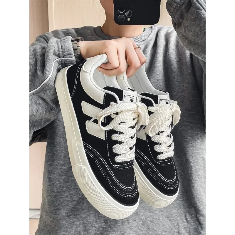 Autumn New Style Red Thick Sole Canvas Shoes Leisure Fashion Women's Shoes Simple Increase Height Lace Up Women's Shoes