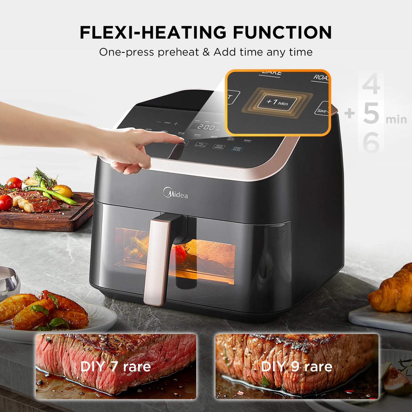 Midea XXL Air Fryer 9 L, 8-in-1, Extra Wide Chambers, Max 200 °C, Fryer without Oil, Grilling, Baking, Roasting, MAD85F9BPK