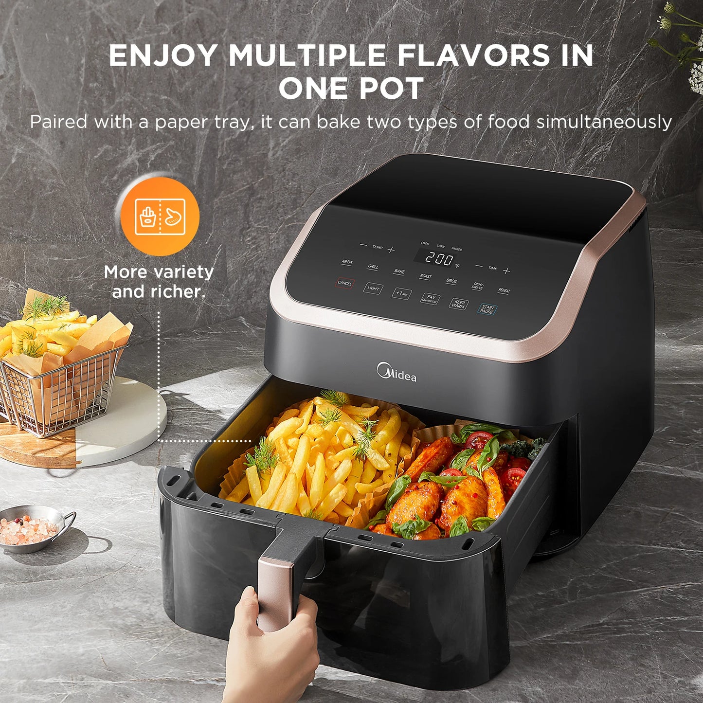 Midea XXL Air Fryer 9 L, 8-in-1, Extra Wide Chambers, Max 200 °C, Fryer without Oil, Grilling, Baking, Roasting, MAD85F9BPK