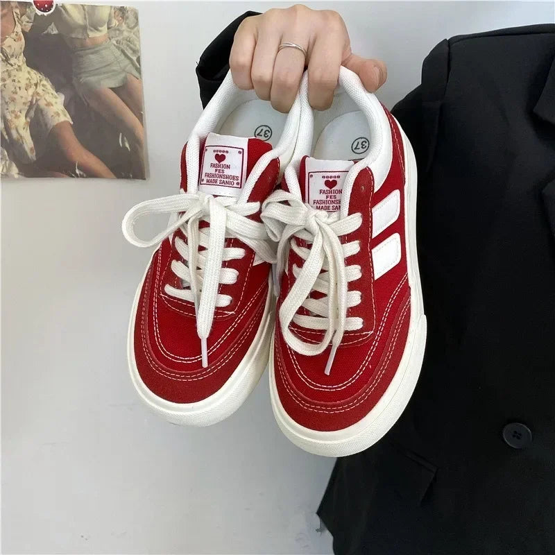 Autumn New Style Red Thick Sole Canvas Shoes Leisure Fashion Women's Shoes Simple Increase Height Lace Up Women's Shoes