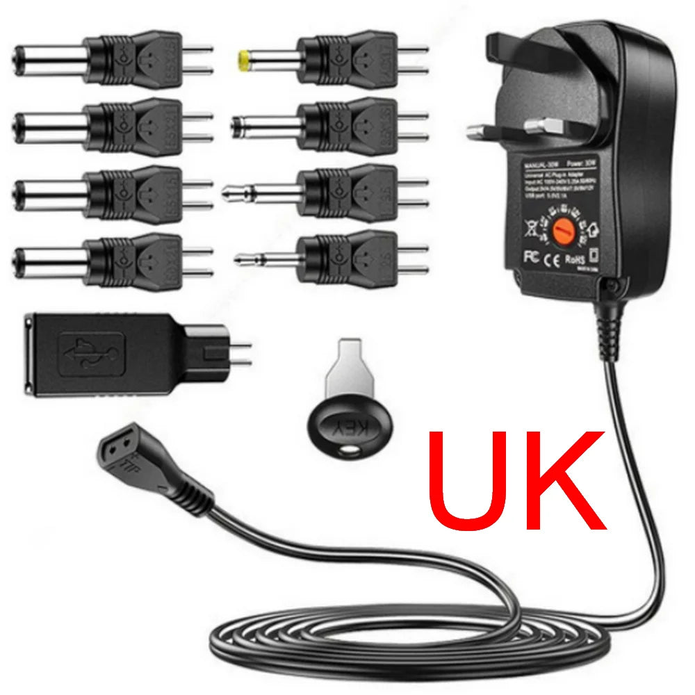 30W Universal Adjustable Power Adapter Charger AC To DC Plug 3V 4.5V 5V 6V 7.5V 9V 12V 2A 2.5A 2500mA Reverse polarity