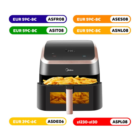 Midea XXL Air Fryer 9 L, 8-in-1, Extra Wide Chambers, Max 200 °C, Fryer without Oil, Grilling, Baking, Roasting, MAD85F9BPK