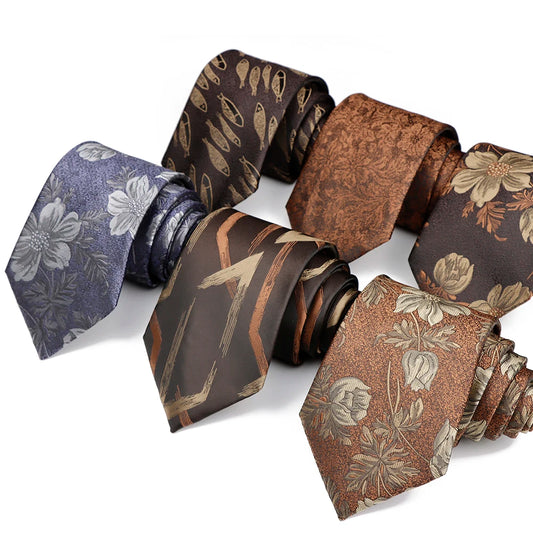 New Classic Men's 8cm Polyester Tie Business Printed Flowers Jacquard Fish Pattern Brown Black Necktie Wedding Party Accessories